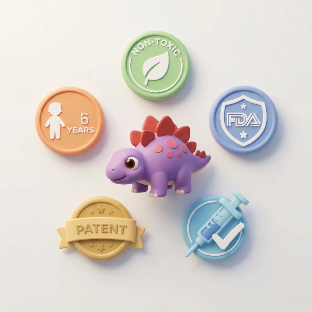 Berry Boo MedBuddy dinosaur figurine surrounded by safety credential badges — non-toxic, FDA approved, US patent, safe for children 6 years and up, and injection-safe — representing MedBuddy's full safety certifications