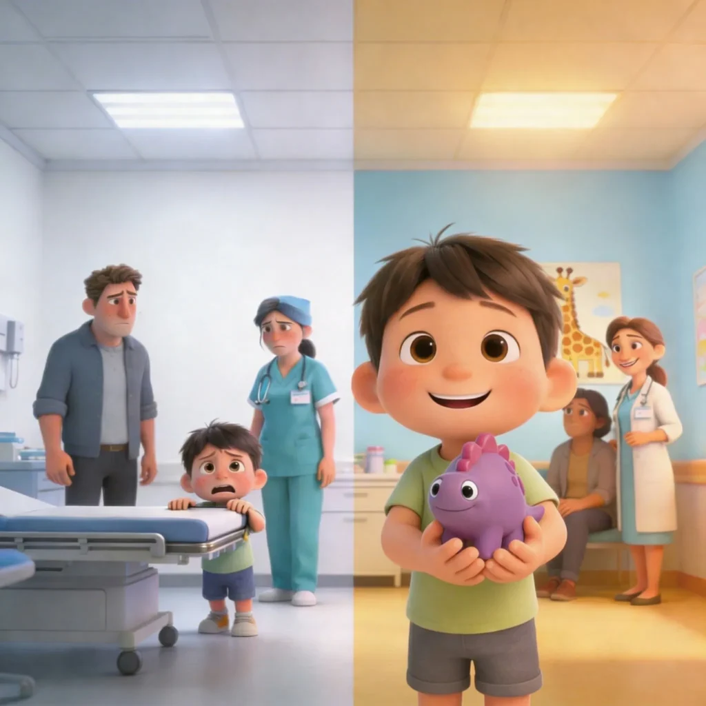 Split-screen showing the same child without MedBuddy — frightened, with a worried parent and nurse — versus with MedBuddy — smiling and proudly holding a Berry Boo figurine with a delighted parent and doctor — the before and after of MedBuddy's impact