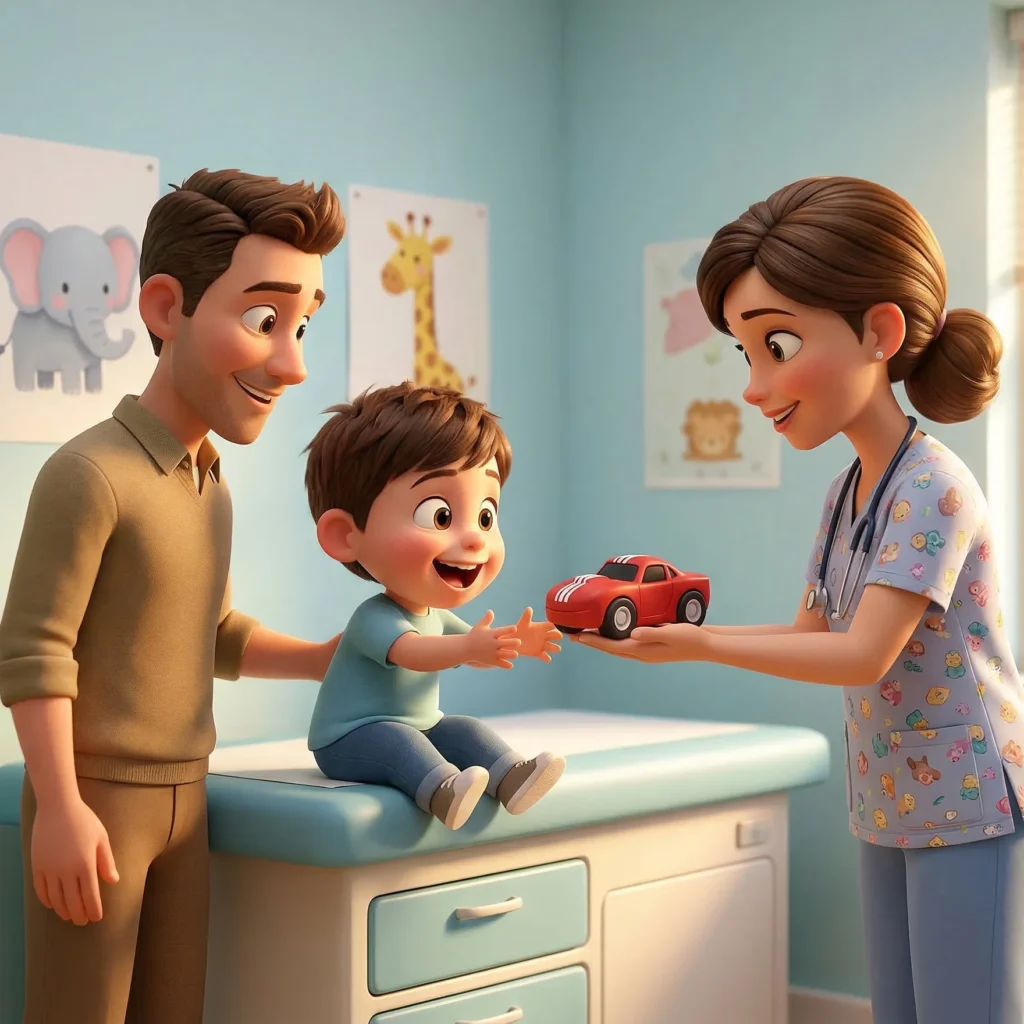 Animated nurse handing a Rally Rex MedBuddy red car figurine to a delighted child on a pediatric exam table — proud parent watching alongside, representing the reward moment that transforms the injection experience for medical practices