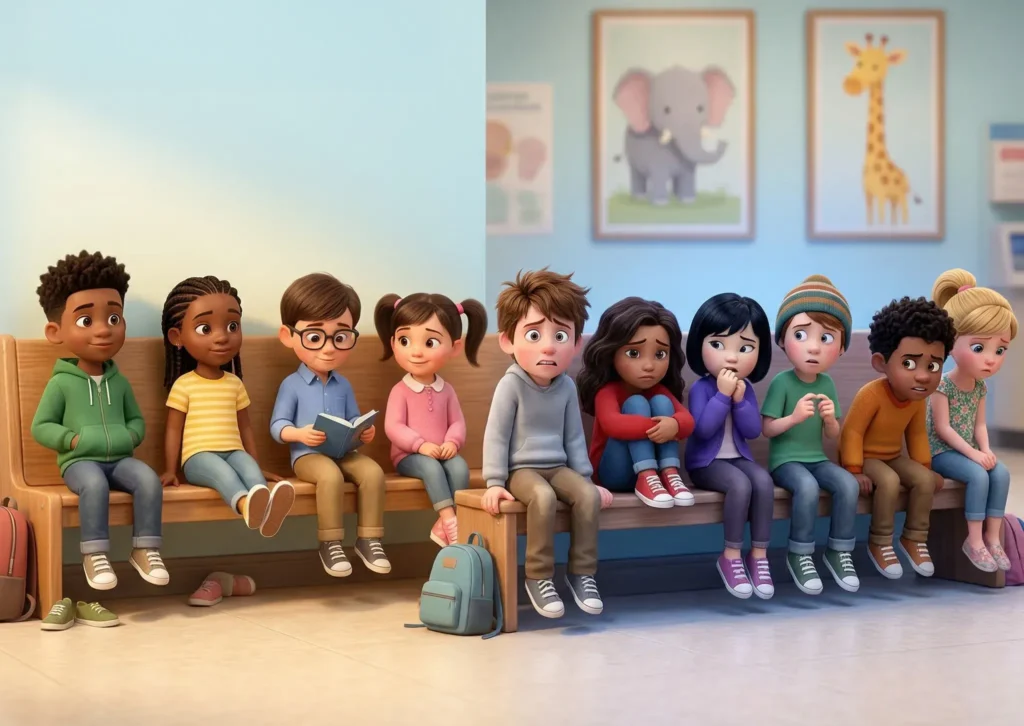 Ten animated children sitting in a pediatric waiting room — the left half calm and relaxed, the right half visibly anxious and fearful — illustrating that 63% of children experience significant needle fear before vaccination appointments
