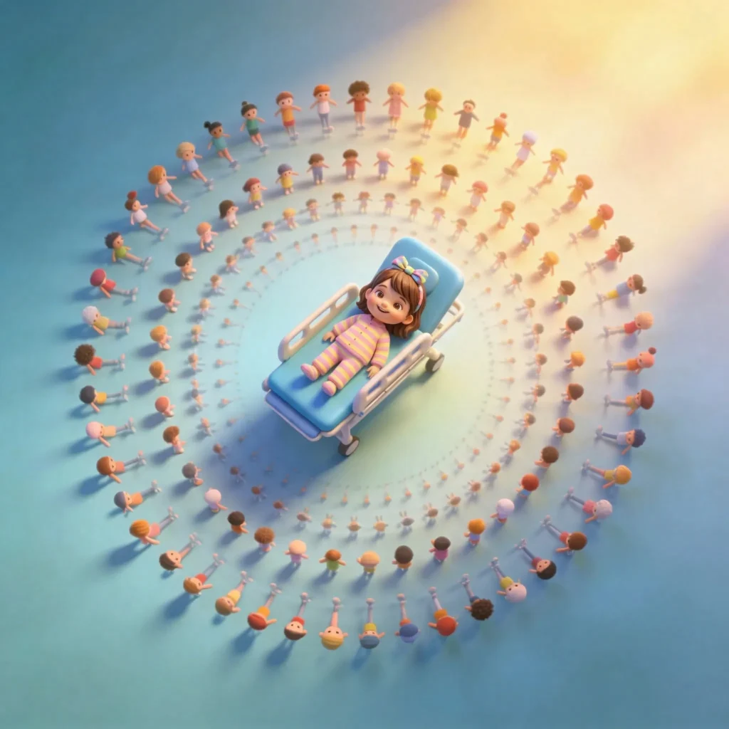 Aerial view of hundreds of animated children from diverse backgrounds spiralling around a single child on a hospital bed — representing the over 1 billion children worldwide who receive injections annually and MedBuddy's global scale mission