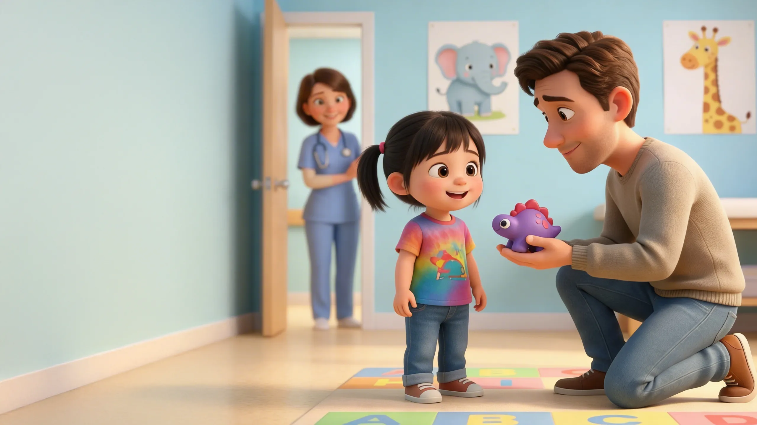 Animated father crouching down to show his smiling daughter a Berry Boo MedBuddy figurine in a pediatric clinic hallway — nurse watching warmly from the doorway, representing MedBuddy's solution for parents managing children's needle fear