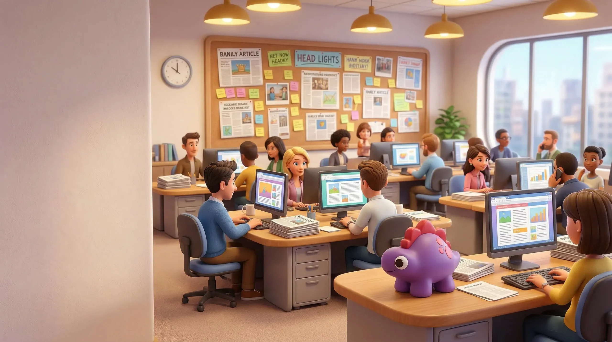 Animated newsroom team working at computers with a Berry Boo MedBuddy figurine on a desk — representing the MedBuddy blog featuring articles on children's needle fear, shot day tips, and pediatric injection comfort research