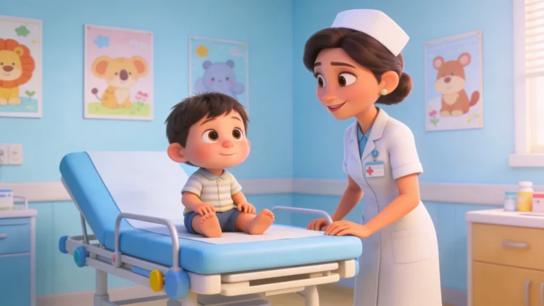 Animated nurse smiling warmly at a calm toddler sitting on a pediatric exam table — representing a positive, fear-free medical appointment experience for young children