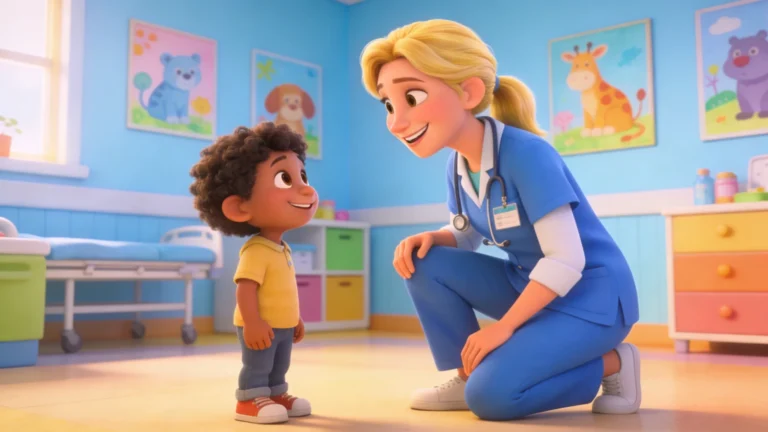 Animated nurse crouching down to warmly engage with a smiling toddler in a colorful pediatric exam room — representing a positive, calm shot day experience when parents and healthcare providers use the right strategies
