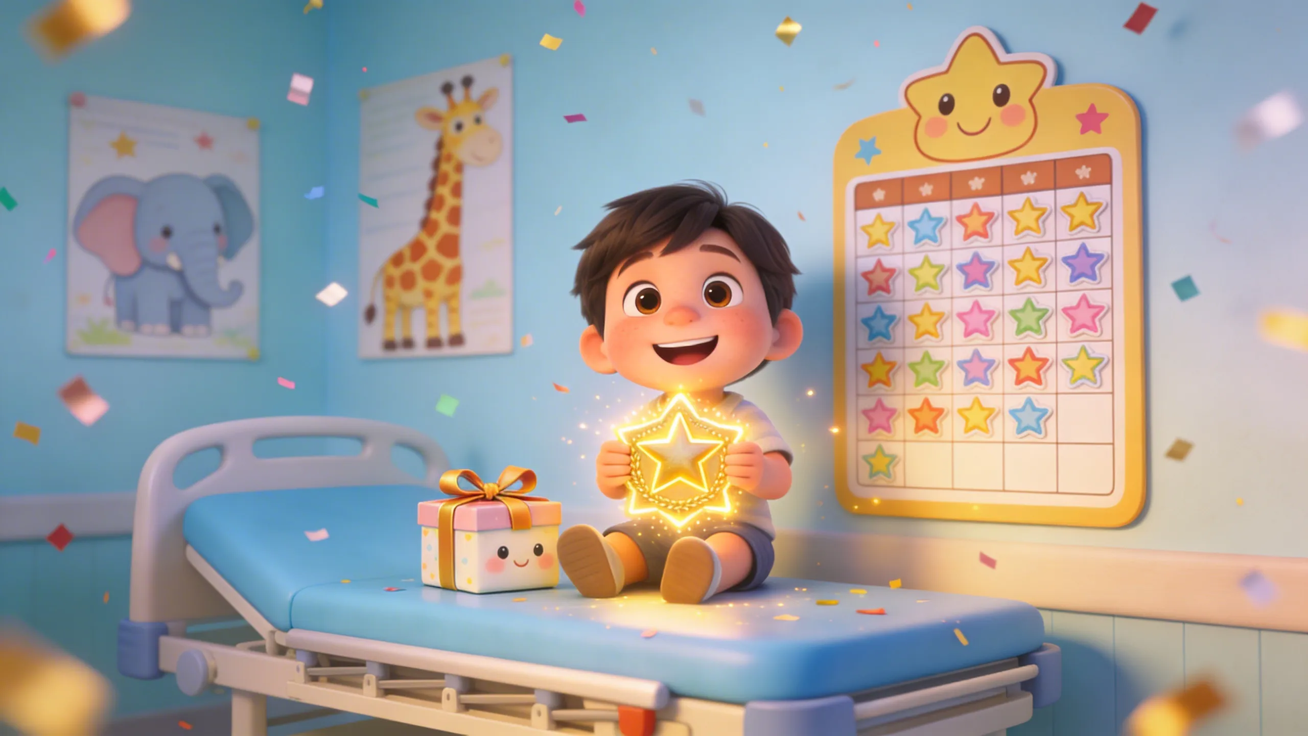 Animated child sitting on a pediatric exam table holding a glowing star reward — surrounded by confetti, a gift box, and a star sticker chart on the wall — representing the immediate positive reward and celebration that resets a child's association with medical appointments