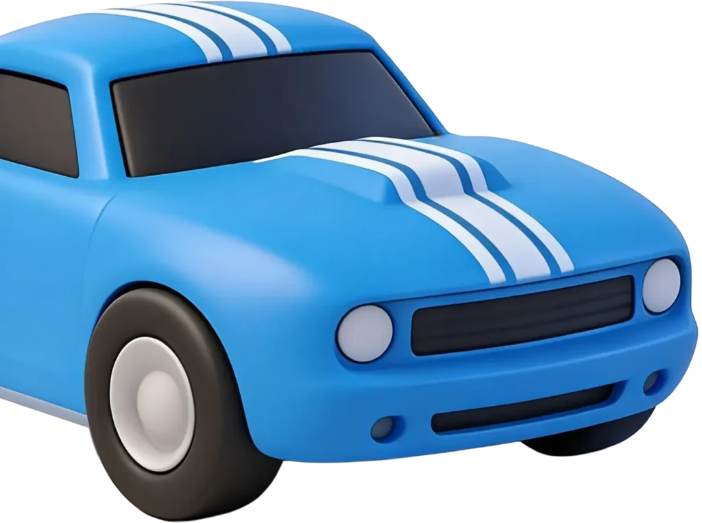 Close-up of the Stevie MedBuddy blue race car figurine — a bold blue muscle car comfort toy given to children as a take-home reward after a brave injection