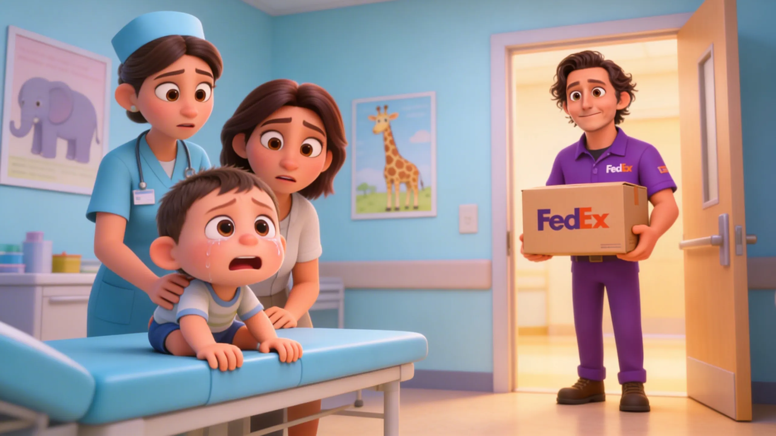 Animated FedEx driver watching a distressed child crying during an injection at a pediatric clinic — depicting the origin story of MedBuddy, invented by Chase Corwin after witnessing children's needle fear on his hospital delivery route