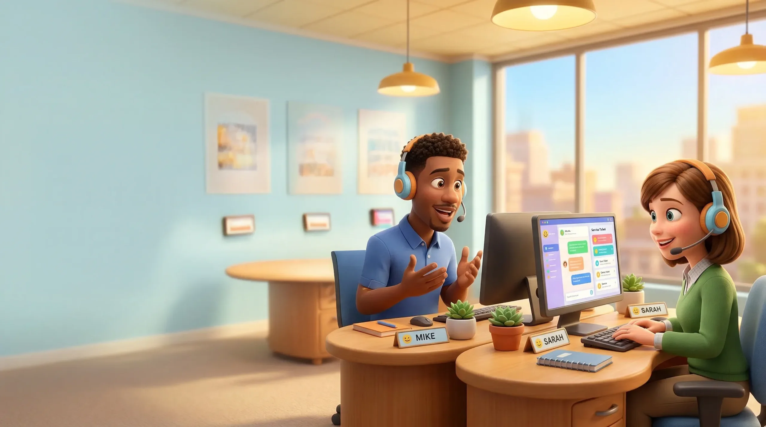 Animated MedBuddy customer support team — Mike and Sarah — wearing headsets and working at computers, ready to help parents and providers with orders, returns and product questions