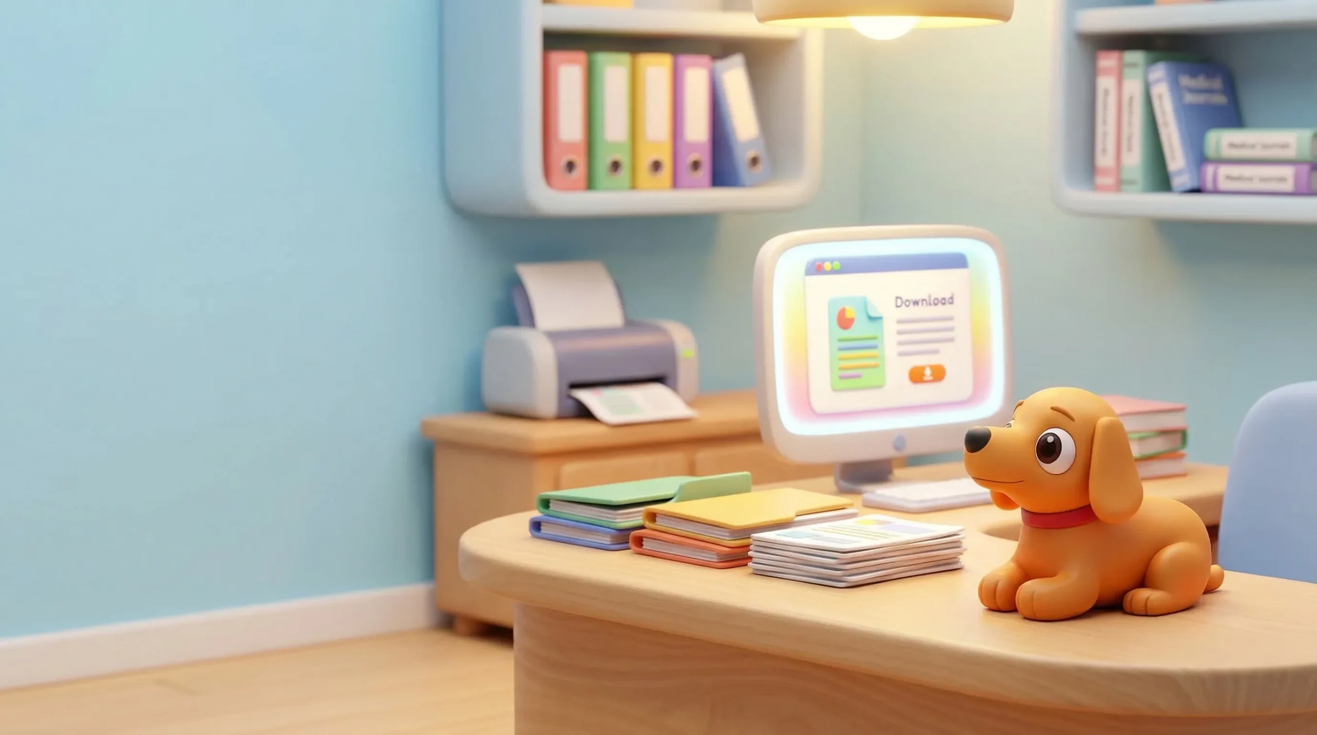 Poppy MedBuddy dog figurine sitting on a desk next to a computer showing a download screen — representing MedBuddy's free downloadable resources including instruction PDFs and doctor cards for parents and providers