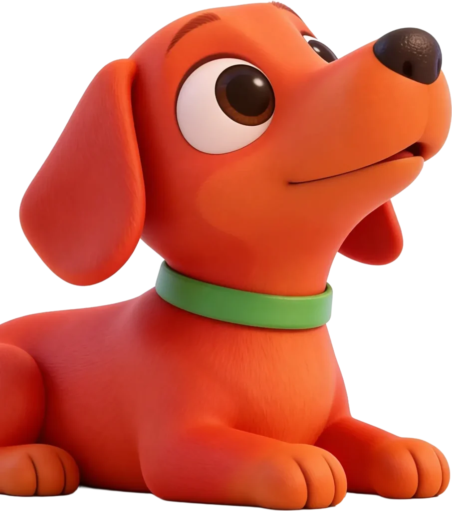 Close-up of the Poppy MedBuddy dachshund figurine — a friendly orange-red dog with a green collar, given to children as a take-home comfort reward after a brave injection