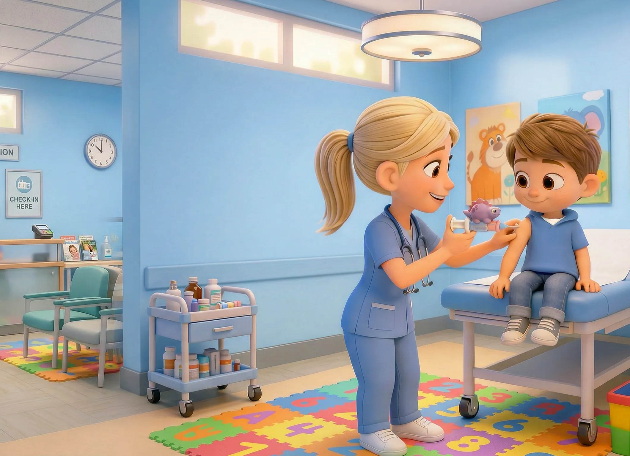 Animated nurse administering an injection to a calm, smiling child seated on an exam table — a MedBuddy figurine clipped to the syringe keeping the child focused and at ease in a colorful pediatric clinic