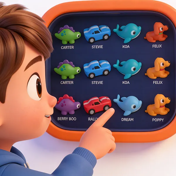 Animated child pointing at a MedBuddy selection tray showing all 8 figurines — Carter, Stevie, Koa, Felix, Berry Boo, Rally Rex, Dream and Poppy — choosing their comfort toy before an injection