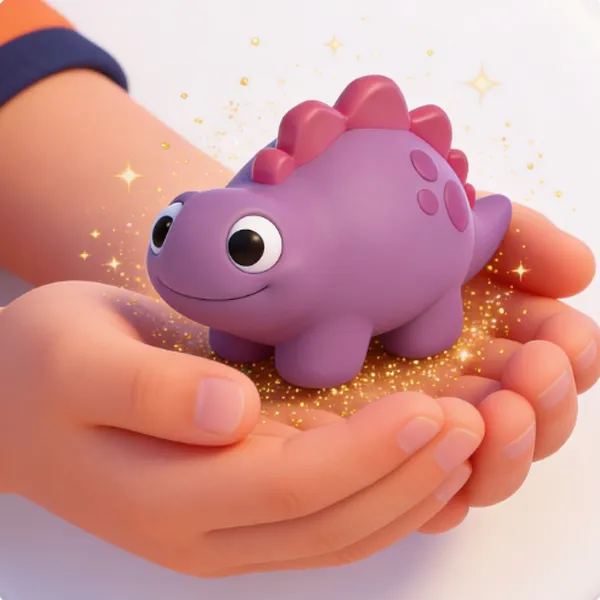 Child's hands holding the Berry Boo MedBuddy dinosaur figurine with a sparkling glow — receiving their take-home reward after a brave injection