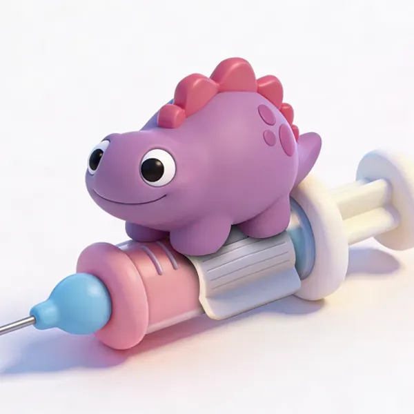 Berry Boo MedBuddy dinosaur figurine clipped onto a syringe using the proprietary safety clip — disguising the needle and distracting the child during injection