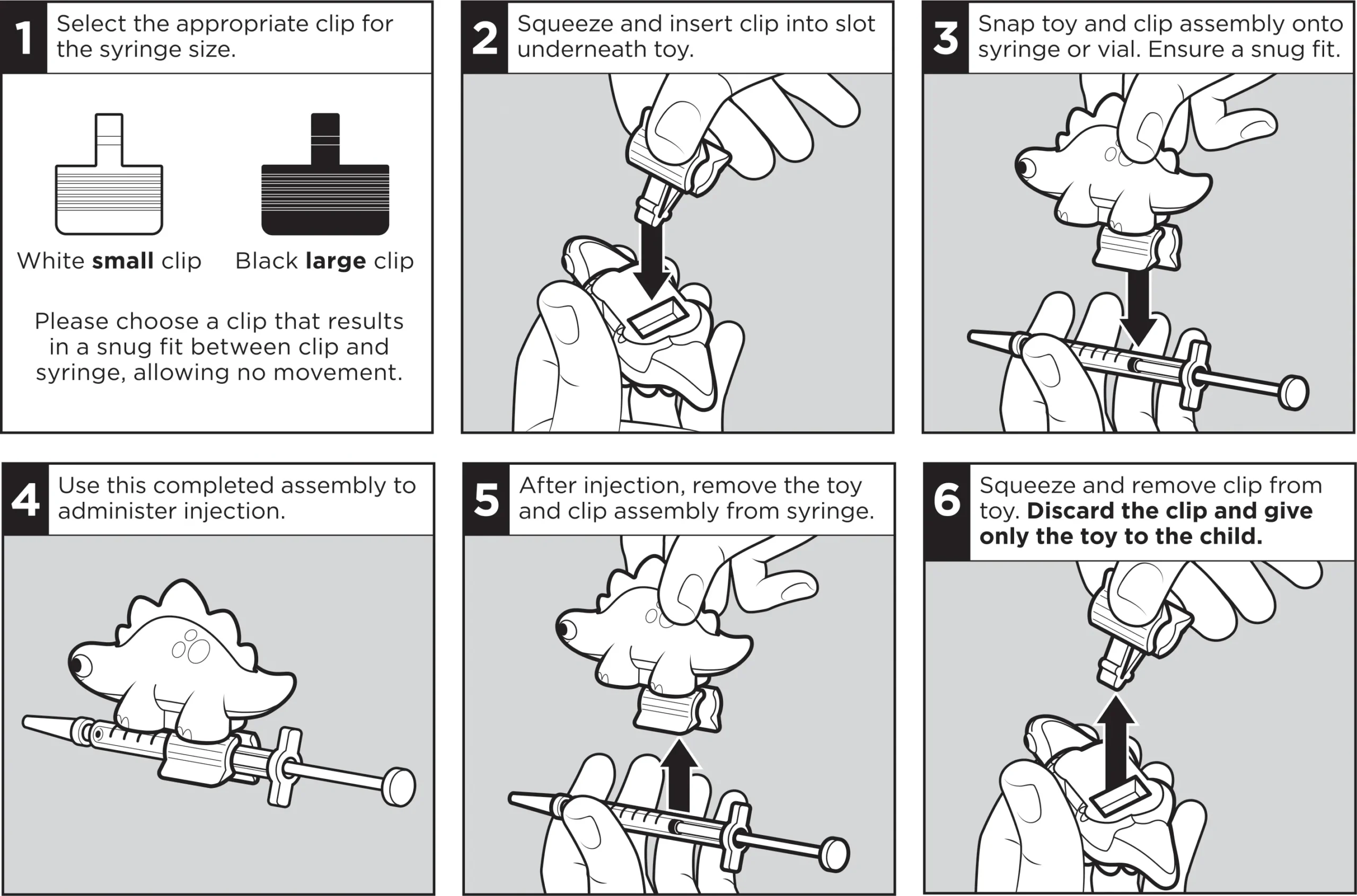 insructions-scaled.webp:

MedBuddy 6-step illustrated instructions: select the correct clip size, insert clip into figurine, snap assembly onto syringe, administer the injection, remove the toy and clip from syringe, discard the clip and give only the figurine to the child as their reward