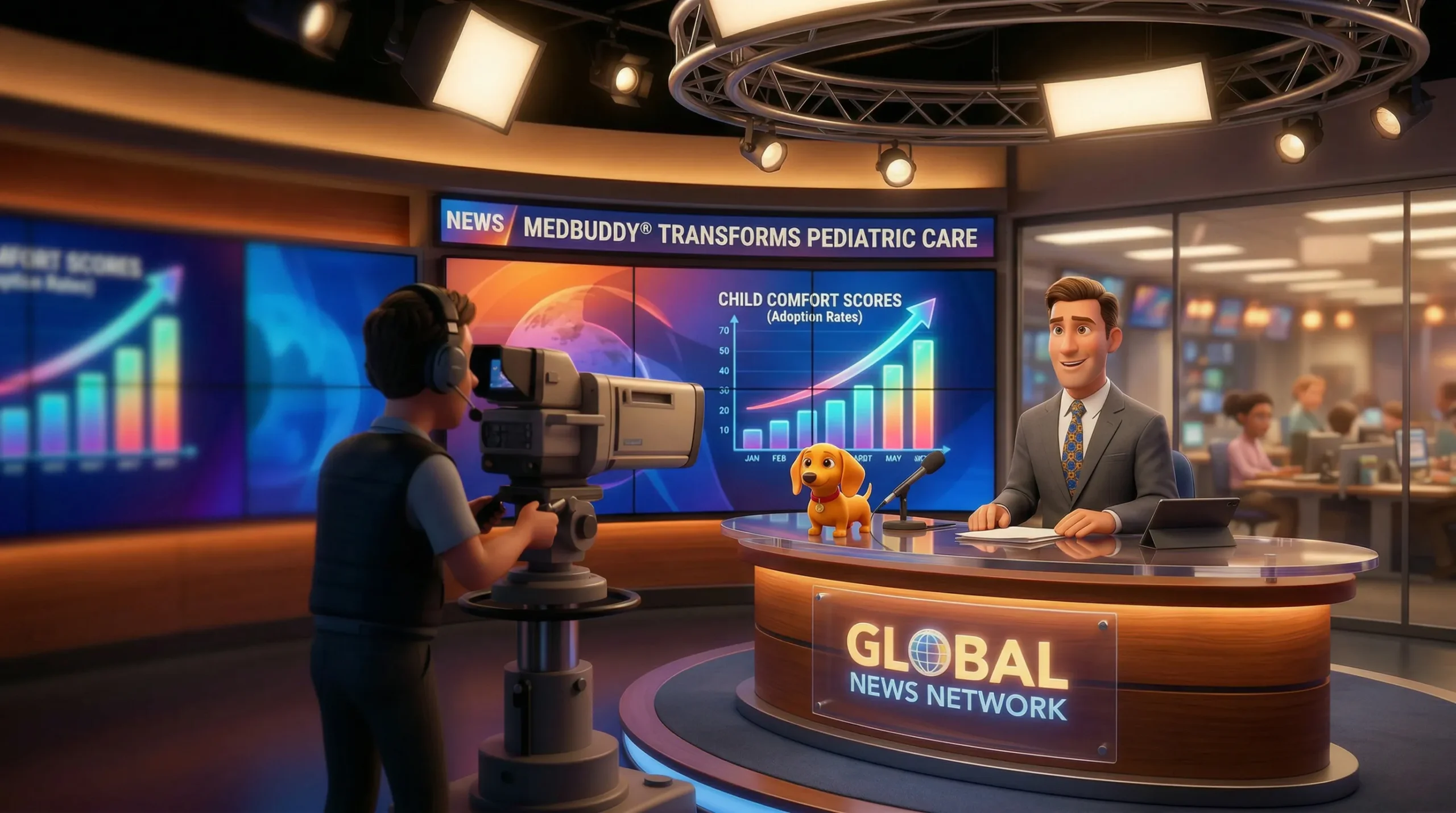 Animated TV news anchor at a Global News Network desk reporting "MedBuddy Transforms Pediatric Care" — with a Poppy figurine on the desk and a child comfort scores chart on screen, representing MedBuddy's media coverage