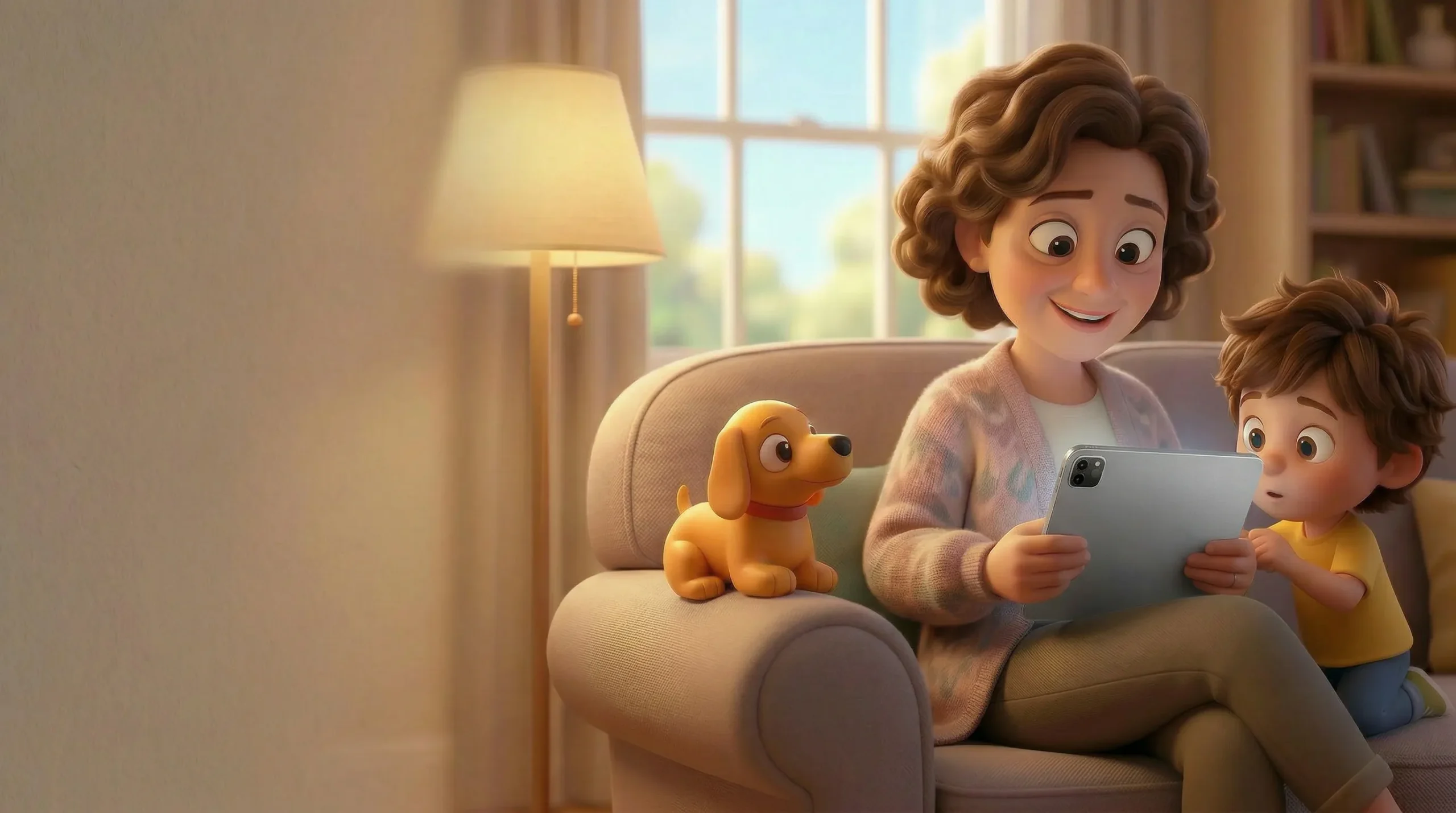 Animated mother and child sitting together on a sofa looking at a tablet — a Poppy MedBuddy dog figurine beside them — representing parents sharing MedBuddy news and updates at home