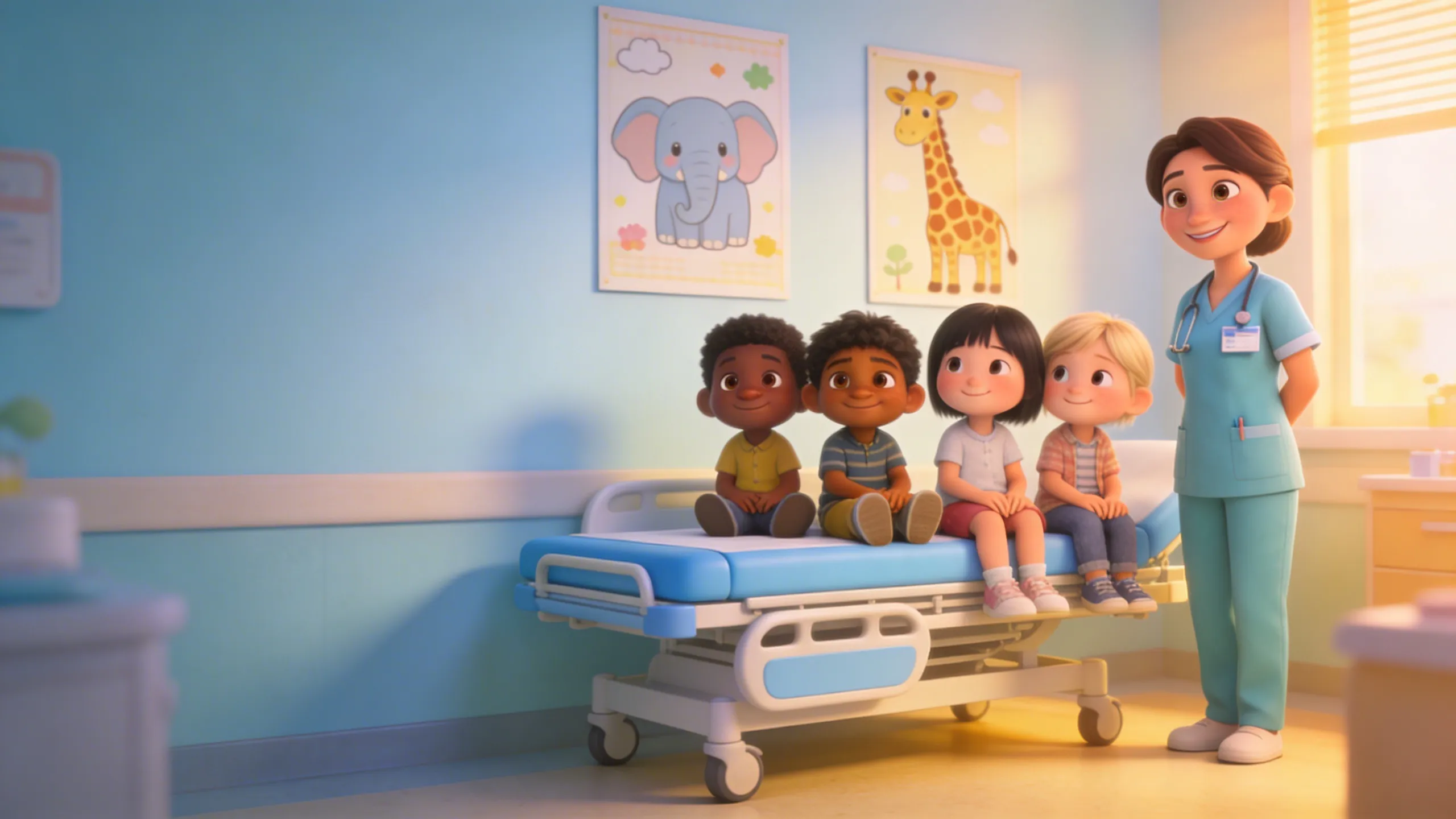 Four animated children from diverse backgrounds sitting calmly on a hospital bed with a smiling nurse — representing MedBuddy's mission to provide fear-free injections to every child worldwide through global NGO partnerships