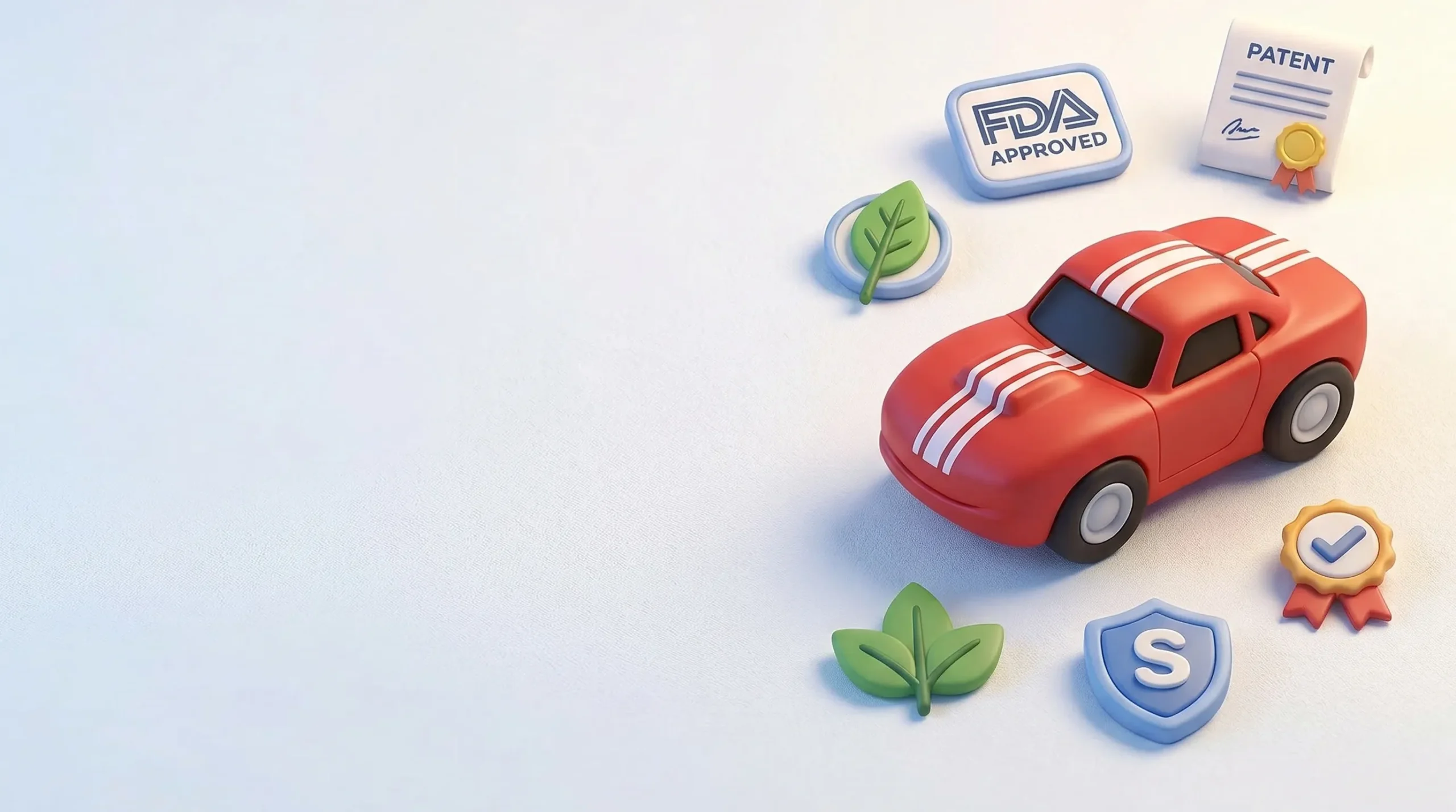 Rally Rex MedBuddy car figurine surrounded by safety credential icons — FDA approved badge, US patent certificate, non-toxic leaf icons and a safety shield — representing MedBuddy's full safety and regulatory credentials