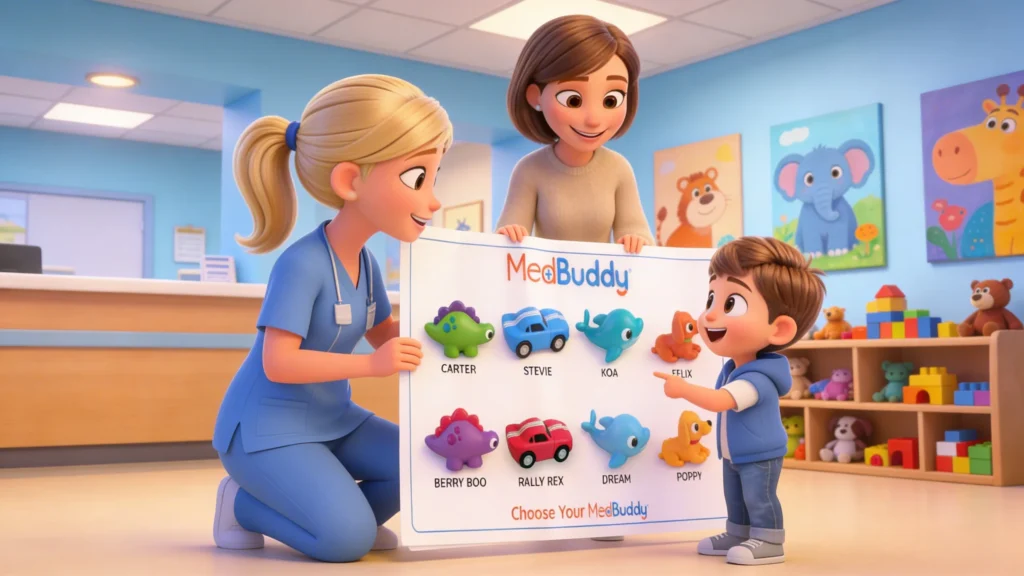 Animated nurse and parent showing a child the MedBuddy selection board featuring all 8 figurines — Carter, Stevie, Koa, Felix, Berry Boo, Rally Rex, Dream and Poppy — as the excited child points to their choice in a colorful pediatric waiting room