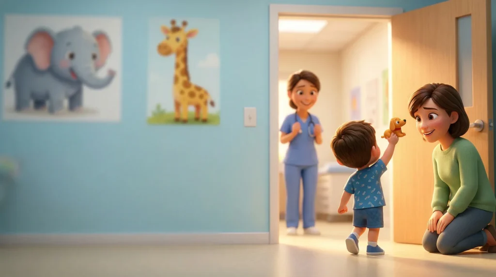 Animated mother crouching down as her excited child holds up a Poppy MedBuddy dog figurine at a pediatric clinic — nurse smiling from the doorway, representing the shareable moment MedBuddy creates for families