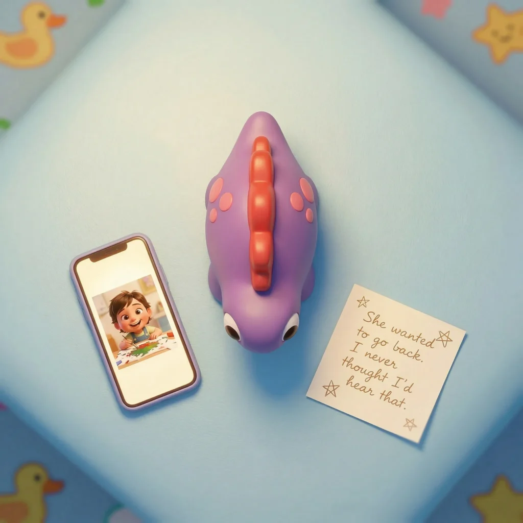 Berry Boo MedBuddy dinosaur figurine alongside a phone showing a happy child and a handwritten note reading "She wanted to go back. I never thought I'd hear that." — representing a parent's testimonial about their child's transformed attitude toward medical appointments after using MedBuddy