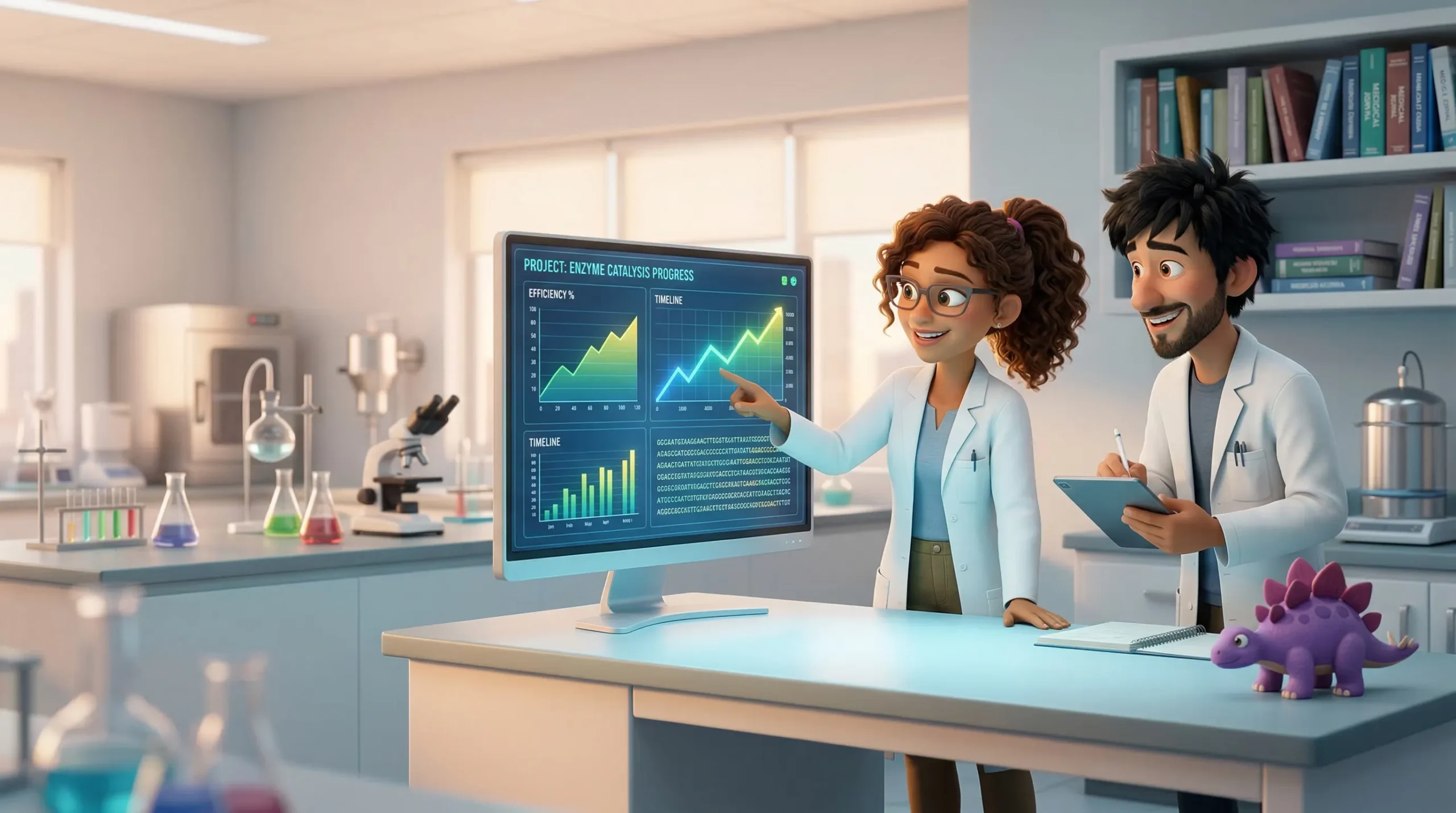 Two animated scientists in a research lab reviewing positive MedBuddy study results on a screen — with a Berry Boo figurine on the desk, representing the peer-reviewed research backing MedBuddy's effectiveness at reducing children's needle fear
