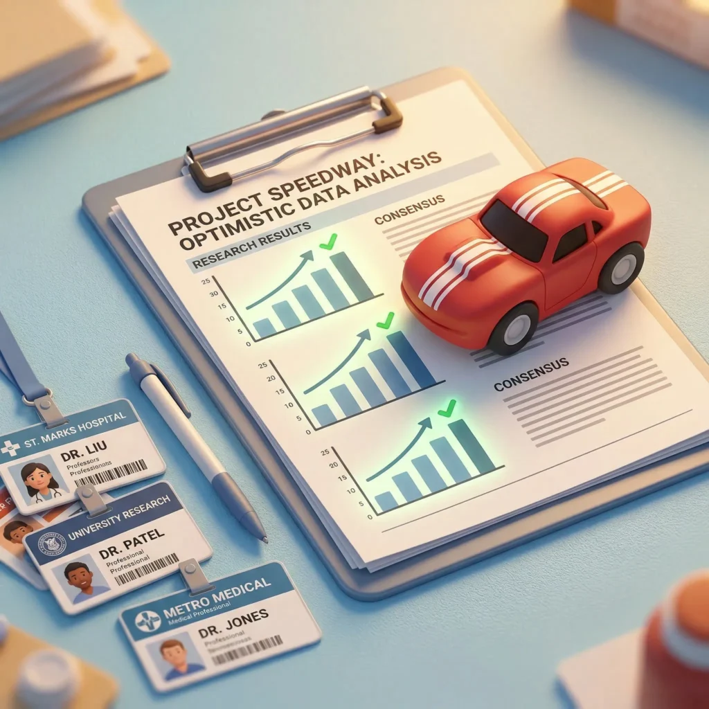 Illustrated STREAM Research Study clipboard showing positive MedBuddy research results and consensus data, with a Rally Rex figurine and medical professional ID badges — representing independent clinical validation of MedBuddy's effectiveness