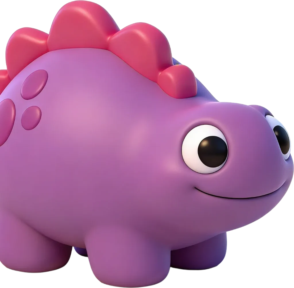 Close-up of the Berry Boo MedBuddy dinosaur figurine — a friendly purple and pink stegosaurus comfort toy given to children as a take-home reward after a brave injection