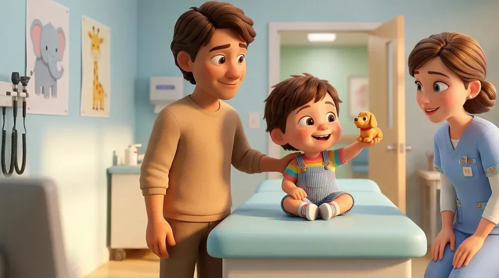 Animated child proudly holding up the Poppy MedBuddy dog figurine after a successful injection — smiling parent and nurse looking on with delight in a pediatric exam room