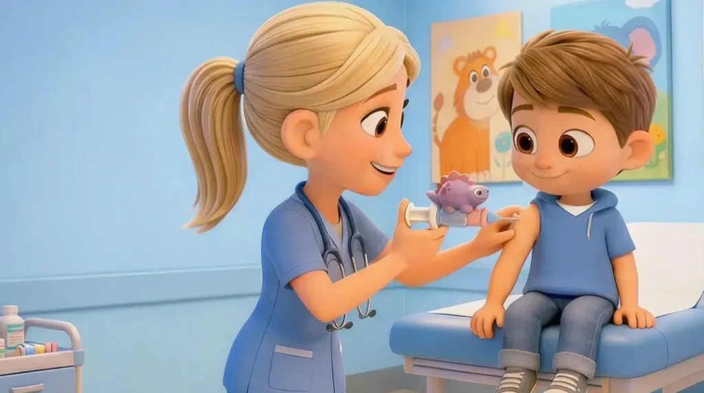 Animated nurse administering an injection to a calm, smiling child — a Berry Boo MedBuddy dinosaur figurine clipped to the syringe keeping the child focused and at ease