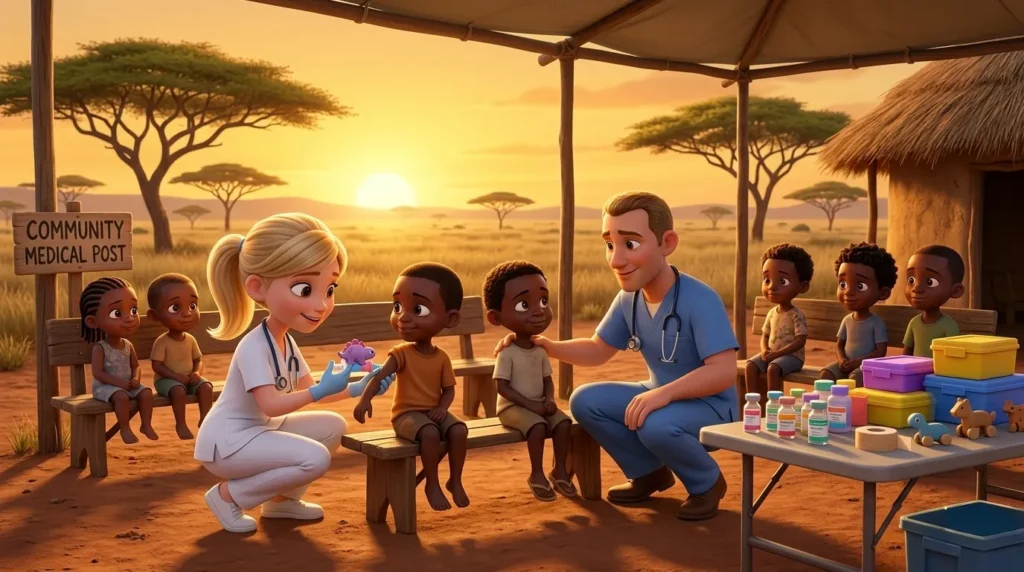 Animated healthcare workers using MedBuddy at an outdoor community medical post in Africa — giving a child a Berry Boo figurine before vaccination as other children wait, representing MedBuddy's global NGO mission