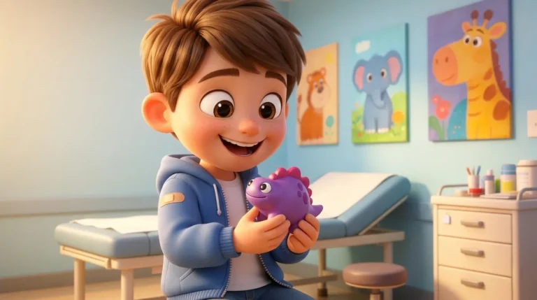 Animated child sitting on a pediatric exam table with a bandage on his arm — smiling and holding a Berry Boo MedBuddy dinosaur figurine after a brave injection in a colorful clinic
